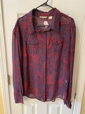 Stetson Western Aztec Sheer Blouse Size M Red Navy Button Up